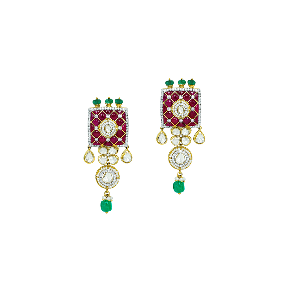 Ruby Talaf Earrings with Polki and Emerald Bead Drops